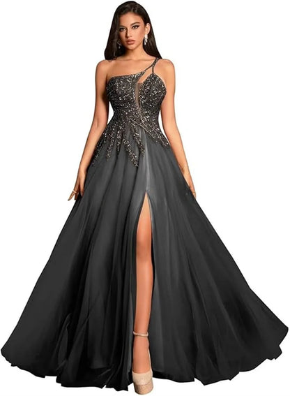 Customized Beaded Tulle Prom Dresses 2025 with Pockets Spaghetti Strap Formal Evening Dresses with Slit