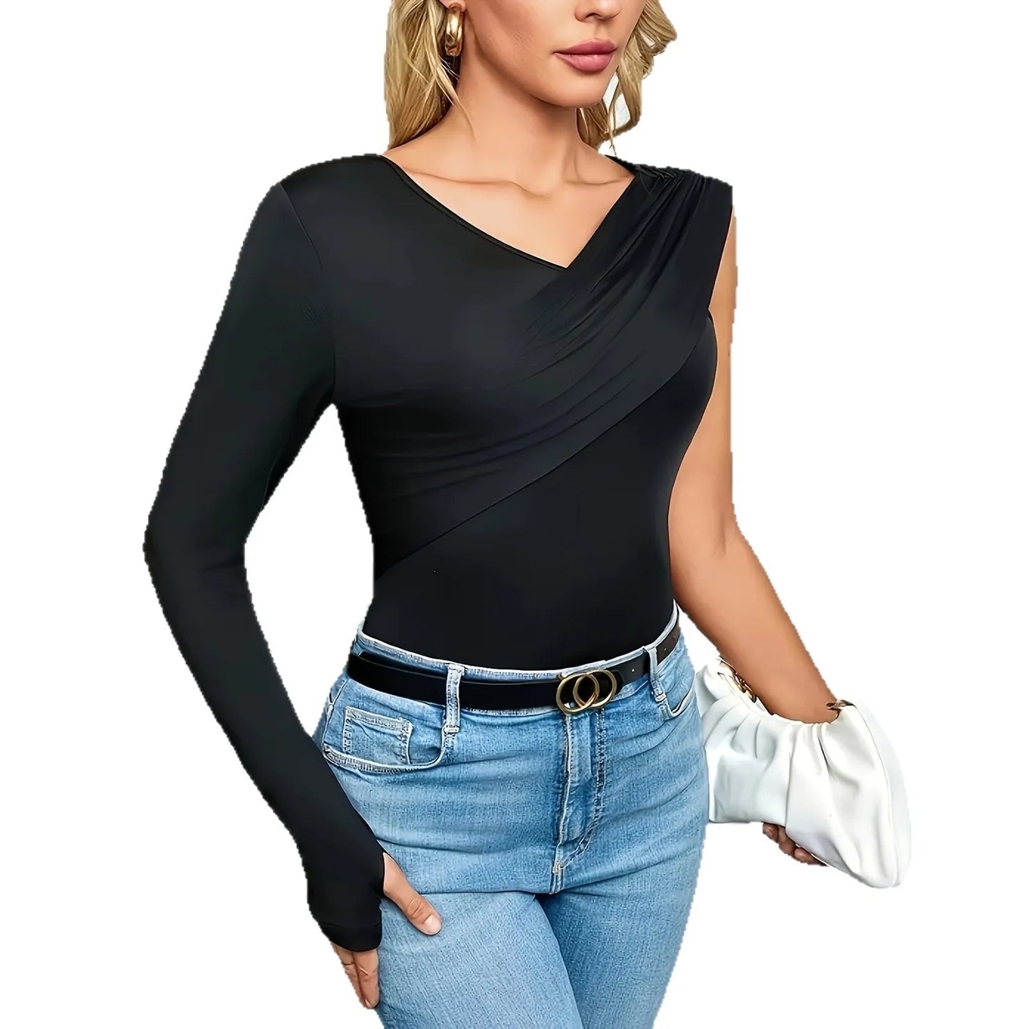 Elegant Cold Shoulder Long Sleeve V Neck T Shirt Pure Color Street Style Spring Summer Women's Fashion Polyester Spandex
