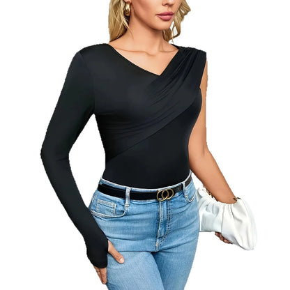 Elegant Cold Shoulder Long Sleeve V Neck T Shirt Pure Color Street Style Spring Summer Women's Fashion Polyester Spandex