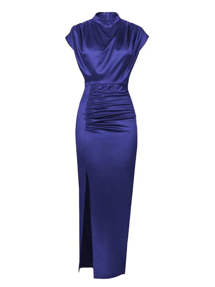 Women Colored Satin Zipper Split High Grade Dress Long Floor Length Dress