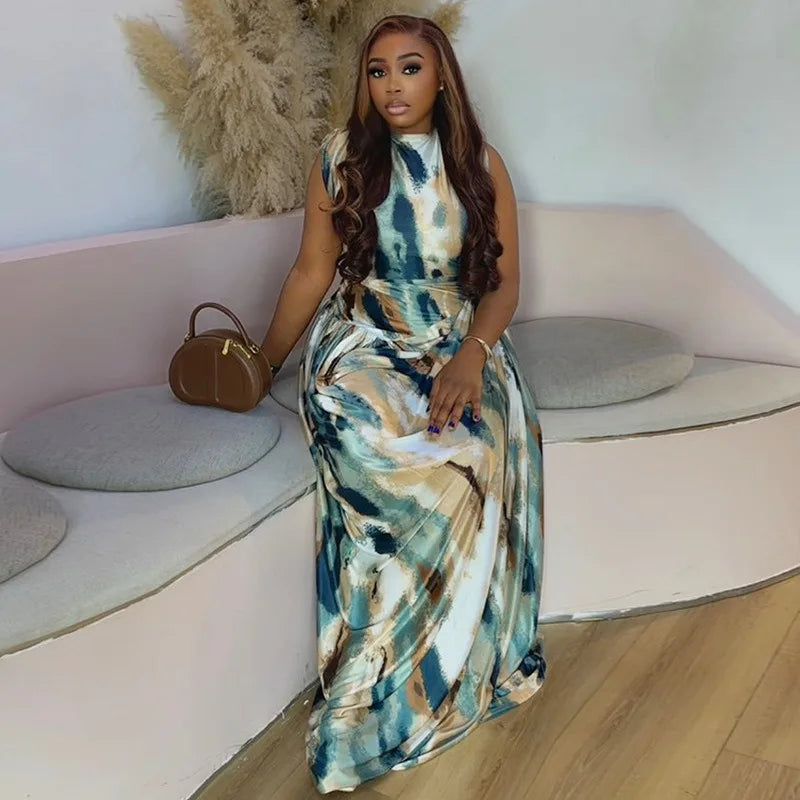 Women Sexy O-neck Sleeveless Dress Fashion Sundress Print Long Dresses Casual Street Party Maxi Dress Femme Vestidos