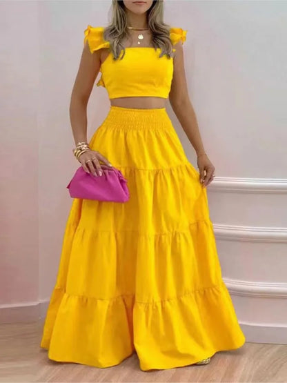 New Sexy Solid Two Suit Dress Women's Fashion Casual Loose Top Maxi Dress 2 Piece Set Female Elegant Holiday Sets 2024 Summer