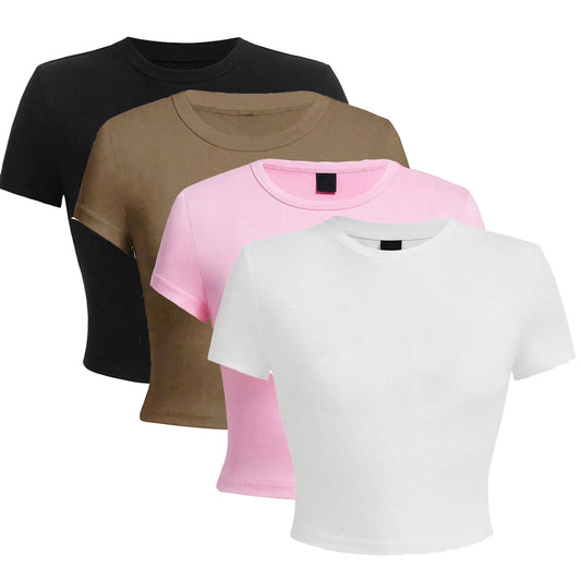 Woman Solid Crop Tops Short Sleeve High Elastic T-Shirt Soft O-Neck Sporty Tees