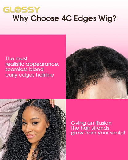 Afro Kinky Curly Wig 100% Human Hair wig Brazilian 13x4 HD Frontal 4c Edges Frontal Human Hair Wig Deep Wave Curly Lace Front Wigs For Women Pre Plucked Baby Hair 250% Density