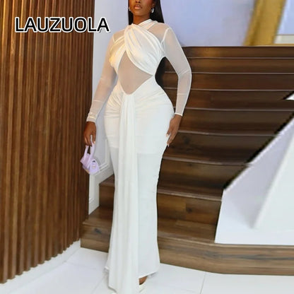 Sexy See Through Mesh Sheer Full Sleeve Long Dresses For Club Party Ruched Backless Dress for Women