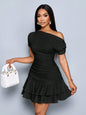 Off-Shoulder Ruched Mini Dress with Tiered Ruffle Hem in Apricot