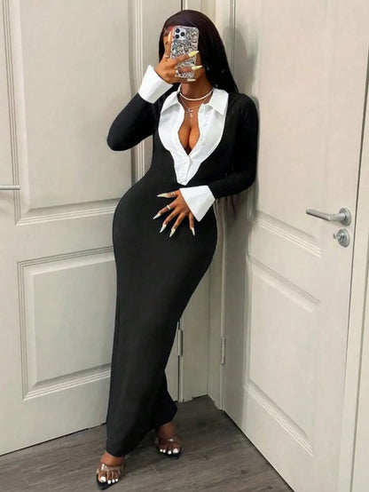 Women's Elegant Bodycon 2 In 1 Collared Patchwork Dress