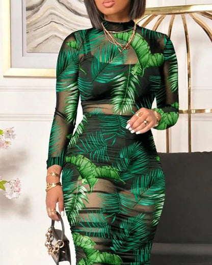 Women 3PCS Crop Top & Shorts Set with Tropical Print Sheer Mesh Bodycon Dress