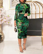 Women 3PCS Crop Top & Shorts Set with Tropical Print Sheer Mesh Bodycon Dress