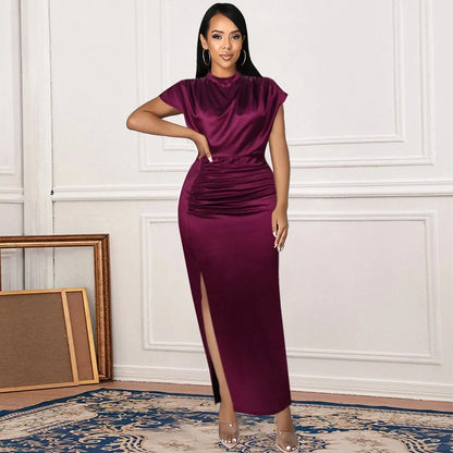 Women Colored Satin Zipper Split High Grade Dress Long Floor Length Dress