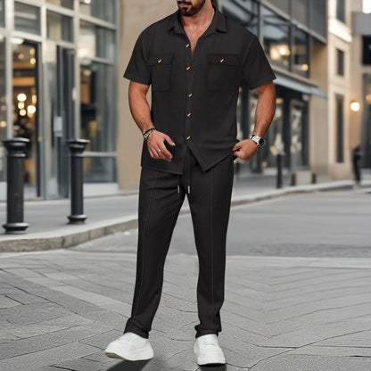 men light ripe casual solid color button pocket fashion Waffle trend shirt short-sleeved trousers two-piece set