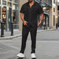 men light ripe casual solid color button pocket fashion Waffle trend shirt short-sleeved trousers two-piece set
