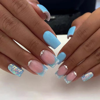 24pcs/Box Long T Handmade Valentine's Day French Flame Wave Love With Diamond False Nail Enhancement Waterproof Gel Fake Nails