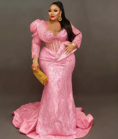 Luxury Red Mermaid Evening Dress Crystal Beading Birthday Wedding Prom Party Gowns Aso Ebi Robes De Soirée Customized