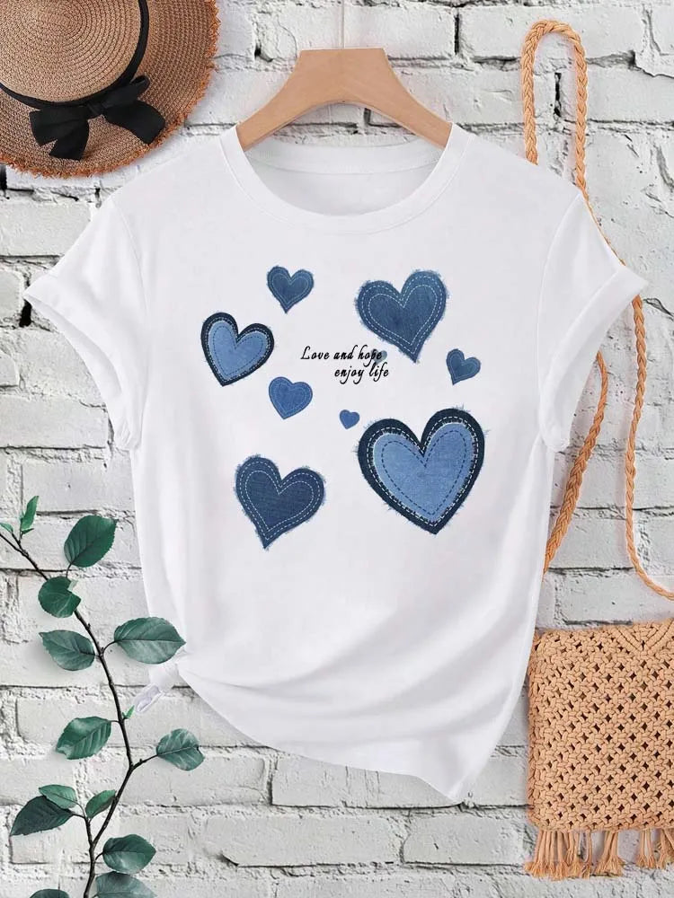 Women Cowboy Heart Print T-Shirt for Valentine's Day Gifts Fashion Crew Neck Short Sleeve T-Shirt Casual Women's Clothing