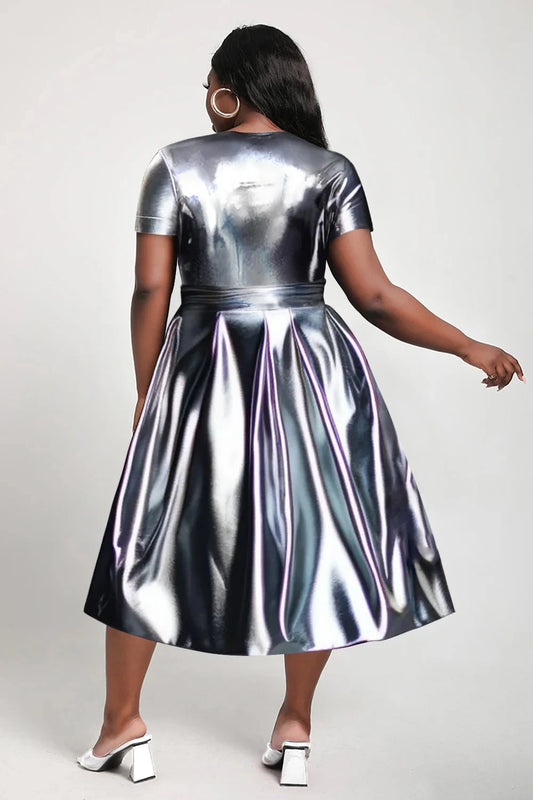Plus Size Women Sequin Dress Short Sleeve Round Neck Solid Pleated A-Line Party Club Evening Midi Summer Dresses for Women 2025