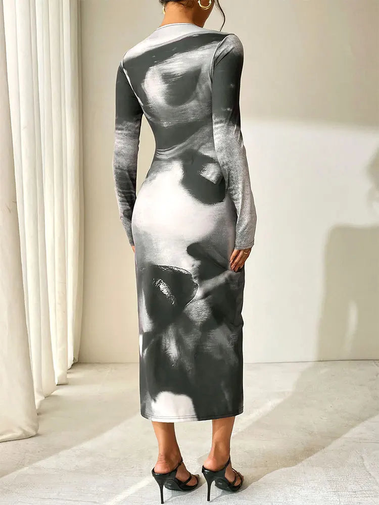 Spring Summer Women Dresses New Black Print Casual Slim O-Neck Simple Long Sleeves Dress Fashion Elegant Party Sexy Maxi Dress