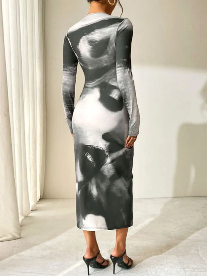 Spring Summer Women Dresses New Black Print Casual Slim O-Neck Simple Long Sleeves Dress Fashion Elegant Party Sexy Maxi Dress