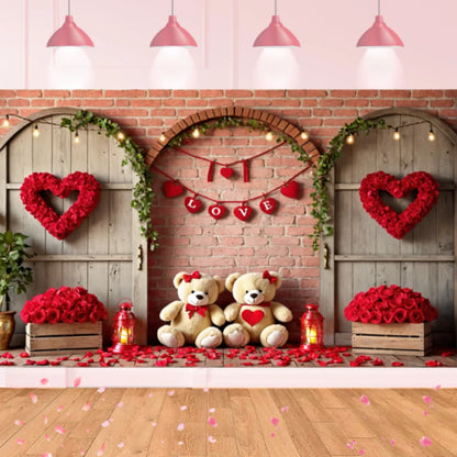 Valentines Day Banner Bear Rose Flower Love Heart Backdrop Party Decoration Valentine's Day Indoor Outdoor Photo Prop Supply