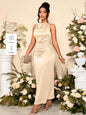 SOLERSUN Women's Elegant Solid Color Drape Neck Ruched Sleeveless Party Dress,Perfect For Banquets