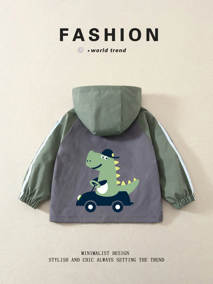 Unisex Kids' Color-Block Hooded Jackets, Cute Dinosaur Print, Spring/Autumn, Lightweight, Ages 3-10 Years
