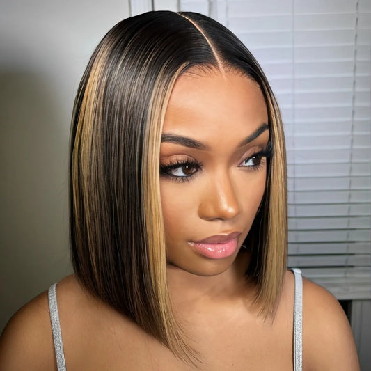 Hair Highlight Brown Straight Bob 13x1 T Part Lace Front 100% Human Hair Wigs For Women Brazilian Remy Hair Bob Wigs