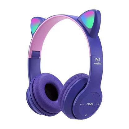 Kids Headphones,Cute Cat Ear LED Light up Bluetooth 5.0 Compatible Headset with Led Wireless Headset Stereo Folding Sports Headset with Microphone