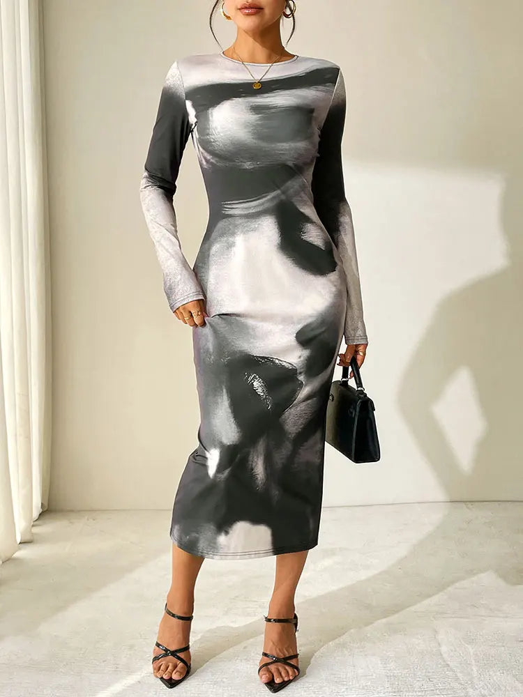 Spring Summer Women Dresses New Black Print Casual Slim O-Neck Simple Long Sleeves Dress Fashion Elegant Party Sexy Maxi Dress