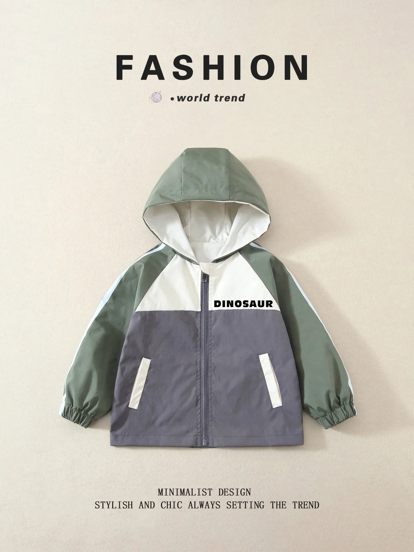 Unisex Kids' Color-Block Hooded Jackets, Cute Dinosaur Print, Spring/Autumn, Lightweight, Ages 3-10 Years