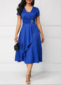 Women Elegant Dress Solid Color Short Sleeve V Neck Midi Dresses