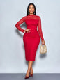 Elegant Ivory Lace Long Sleeve Bodycon Midi Dress with High Slit