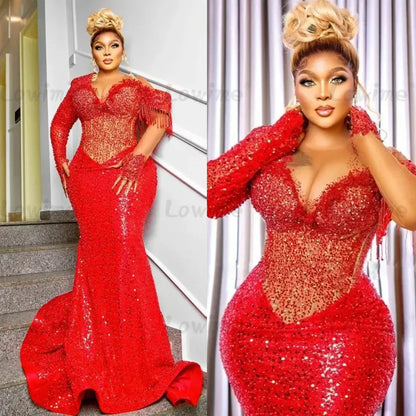 Red Elegant Plus Size African Prom Dresses 2025 Customized Long Sleeves Mermaid Evening Gowns Crystals Tassel Beaded Party Dress