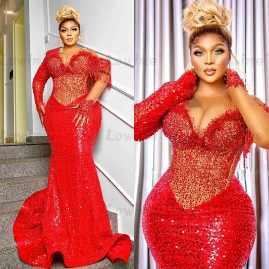 Red Elegant Plus Size African Prom Dresses 2025 Customized Long Sleeves Mermaid Evening Gowns Crystals Tassel Beaded Party Dress