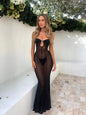 women Maxi Dress Patchwork See Through Sexy Slim Strapless Elastic Fit Beach Party