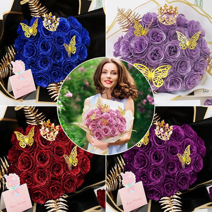 DIY Glitter Roses Bouquet 24 Pack Fake Shiny Flowers with Stems Eternal Floral Wedding Bouquets Anniversary Birthday Party Decor