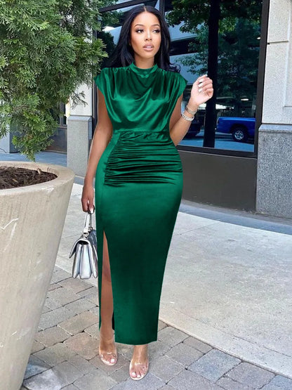 Women Colored Satin Zipper Split High Grade Dress Long Floor Length Dress