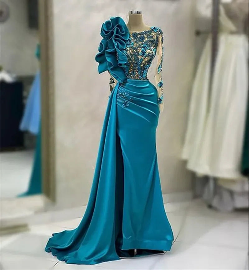 Mermaid Lace Long Sleeve Crystal Beaded Decal Ladies Formal Evening Dress Elegant Prom Dress For Special Occasions Customized