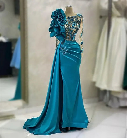 Mermaid Lace Long Sleeve Crystal Beaded Decal Ladies Formal Evening Dress Elegant Prom Dress For Special Occasions Customized