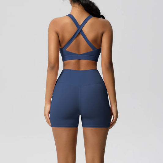 2PCS Sets Sportswear With Pocketed Yoga Suits For Women  Sports Shorts Crossover Bra Gym Leggings