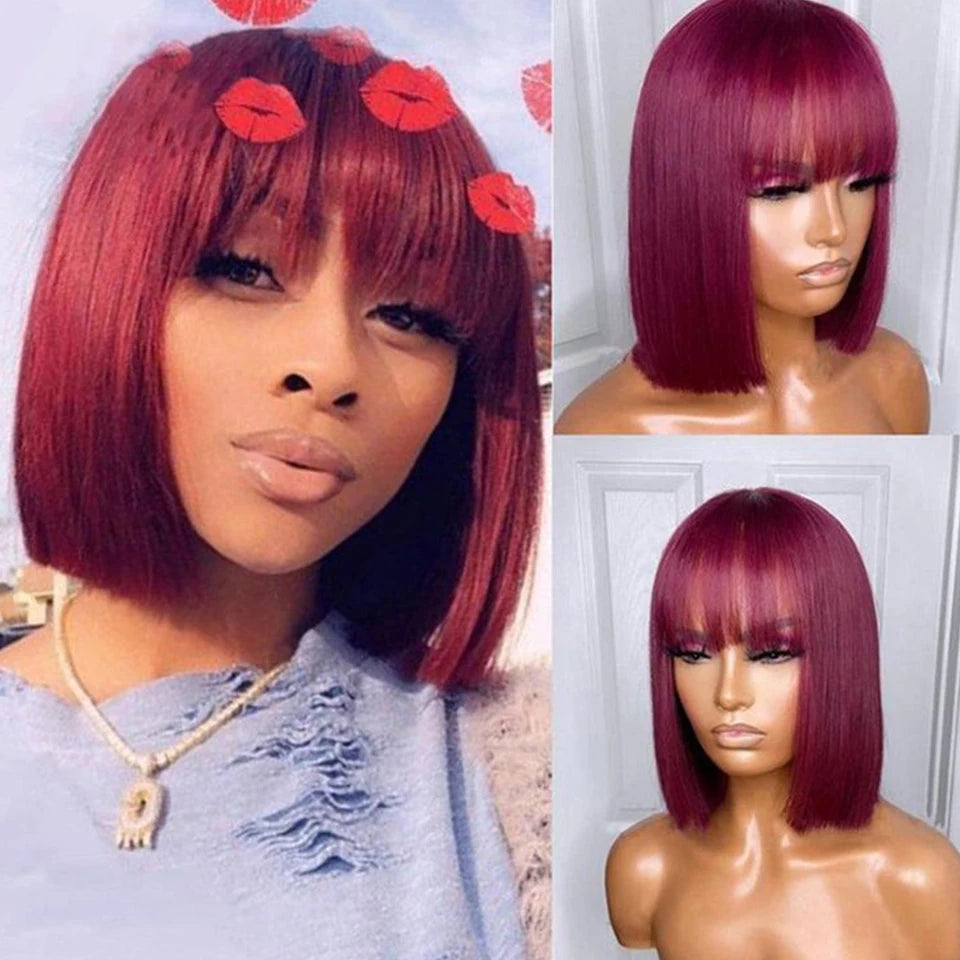 Brazilian 99J Red Short Bob Human Hair Wig With Fringe For Women Straight Remy Hair Bob Wigs With Bangs Ginger Orange Color