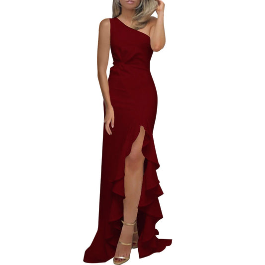 2024 New Women's White Graduation Prom Dress Sexy Irregular Ruffles Slit Long Party Dresses Ladies Sleeveless Evening Midi Robes