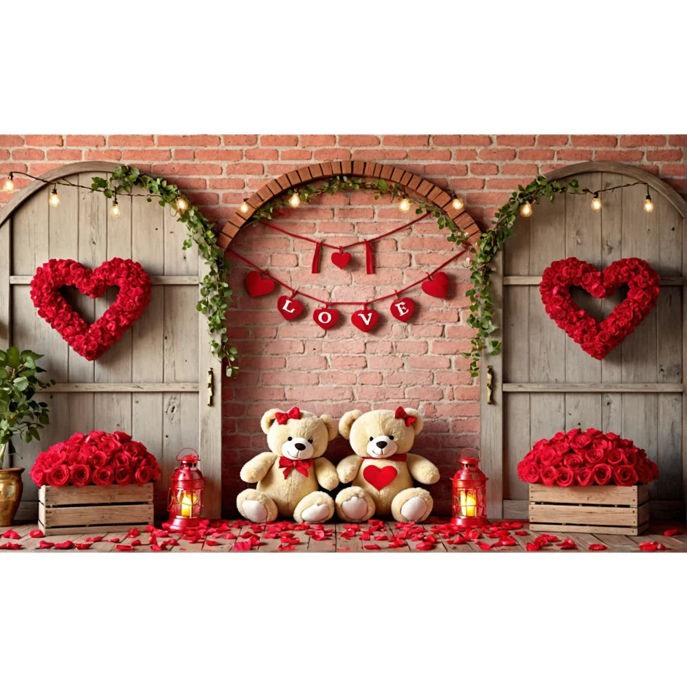 Valentines Day Banner Bear Rose Flower Love Heart Backdrop Party Decoration Valentine's Day Indoor Outdoor Photo Prop Supply