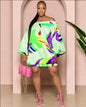 CM.YAYA Vintage Women Fashion Stretch Hem Off Shoulder Slash Neck Lantern Long Sleeve Printed Ball Gown Smock Dress Vestidos