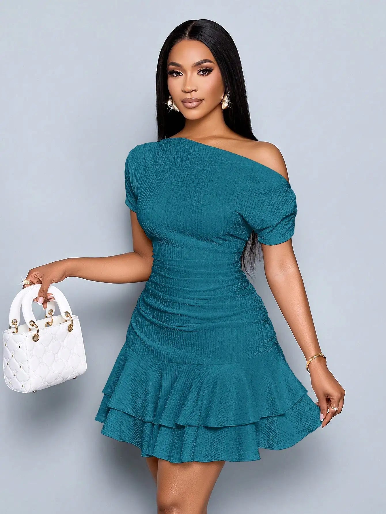 Off-Shoulder Ruched Mini Dress with Tiered Ruffle Hem in Apricot