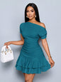 Off-Shoulder Ruched Mini Dress with Tiered Ruffle Hem in Apricot