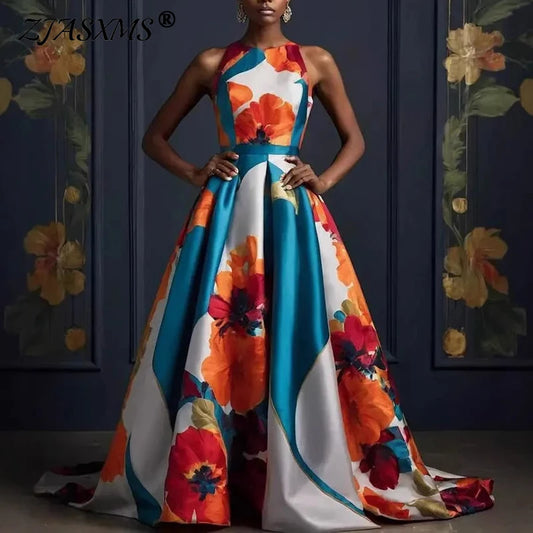 Vestidos Sexy Sleeveless Hem Gowns Evening Dress Woman Flower Print High Waist Long Dress Spring Summer O Neck Boho Maxi Dresses
