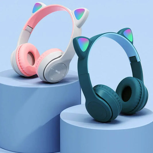 Kids Headphones,Cute Cat Ear LED Light up Bluetooth 5.0 Compatible Headset with Led Wireless Headset Stereo Folding Sports Headset with Microphone