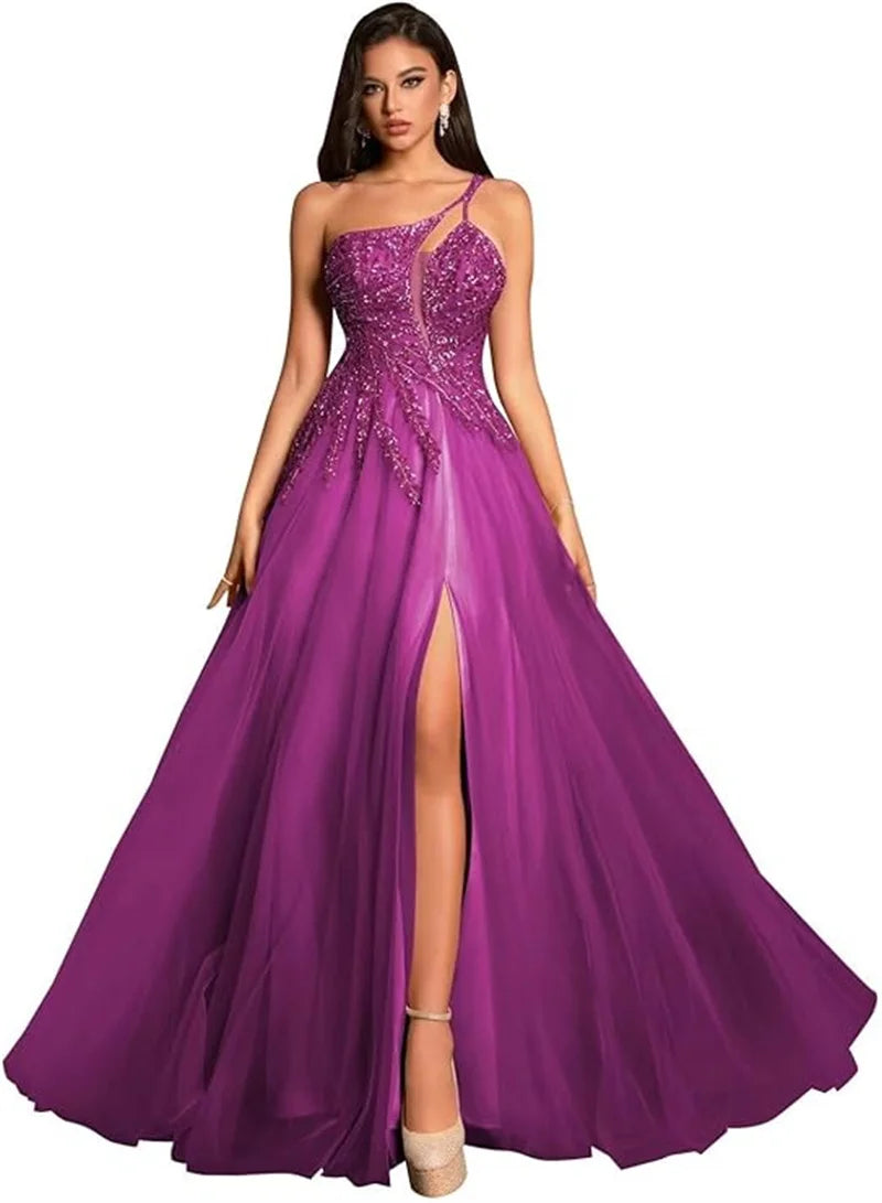 Customized Beaded Tulle Prom Dresses 2025 with Pockets Spaghetti Strap Formal Evening Dresses with Slit