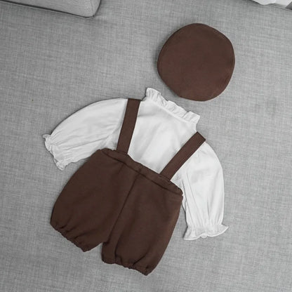 3Pcs Newborn Boy Photography Outfits Shirts Suspender Pants with Beret Set Gentleman Suit Infant Boys'Costumes Photo Accessories