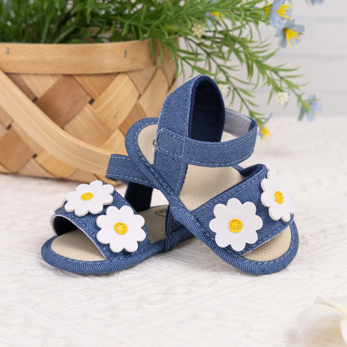 KIDSUN Soft Soled Cute Flower Summer Sandals Newborns Cotton Flat Girls Baby Shoes Non-slip Open Toe Comfortable Walking Shoes